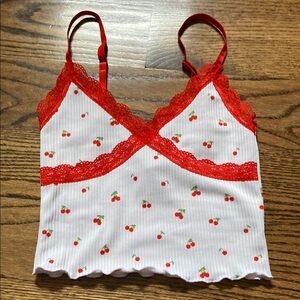 Divided Red and White Cherry Print Crop Top